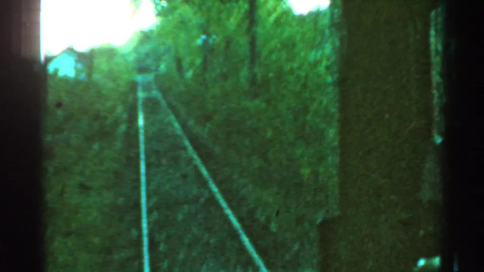 1953 Connecticut home-movie frame looking down rails through dense greenery from a moving train, with the carriage edge in view.