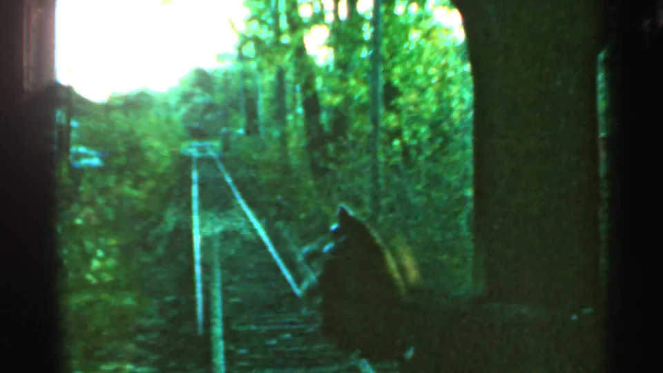 A 1953 Connecticut 8mm frame shows rail tracks ahead through trees, with a dark partial figure or arm at the right edge of the train view.
