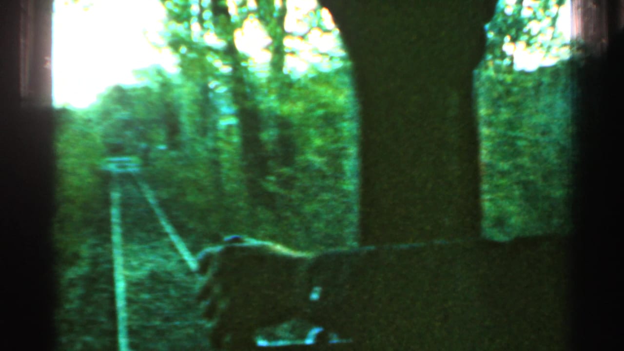 1953 Connecticut 8mm frame looking along railroad tracks through wooded ground, with dark foreground edges from the filming position.