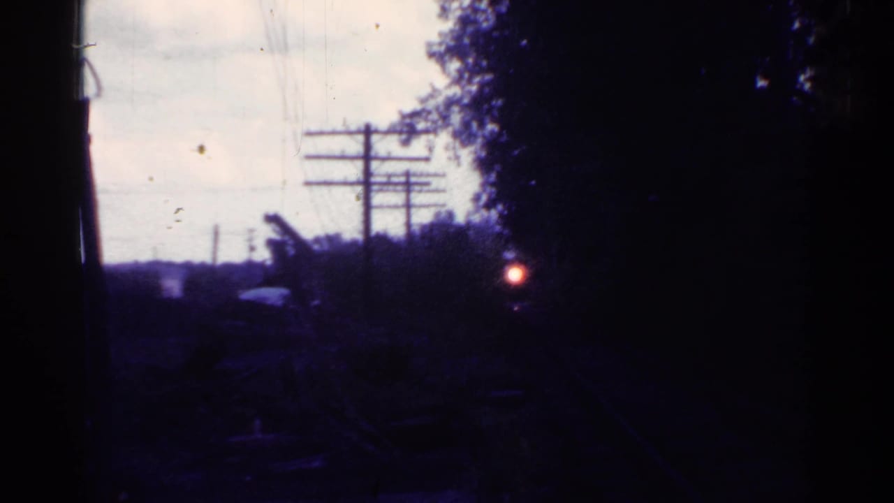 Dark view of a stopped train area with telephone poles, wires, trees, and a small red light.