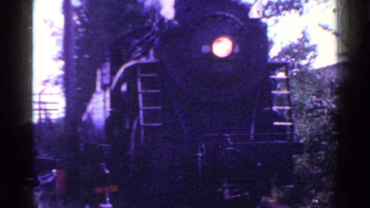 Front of a steam locomotive fills the frame with headlight, smoke, trees, and trackside rails.