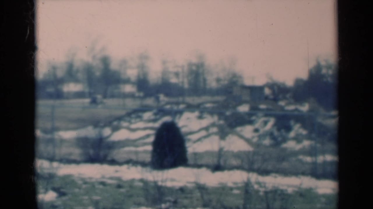 1939 Michigan home-movie frame showing a snowy rural landscape with bare trees, distant homes, and a dark rounded foreground form.