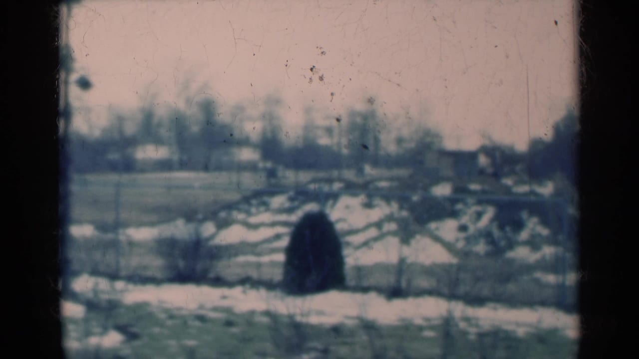 1939 Michigan 8mm frame with a quiet snow-covered rural view, distant homes, bare trees, and visible film wear.