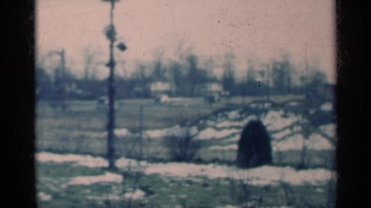 1939 Michigan 8mm frame of a snow-dappled field with a utility pole, bare trees, and a dark rounded middle-ground form.