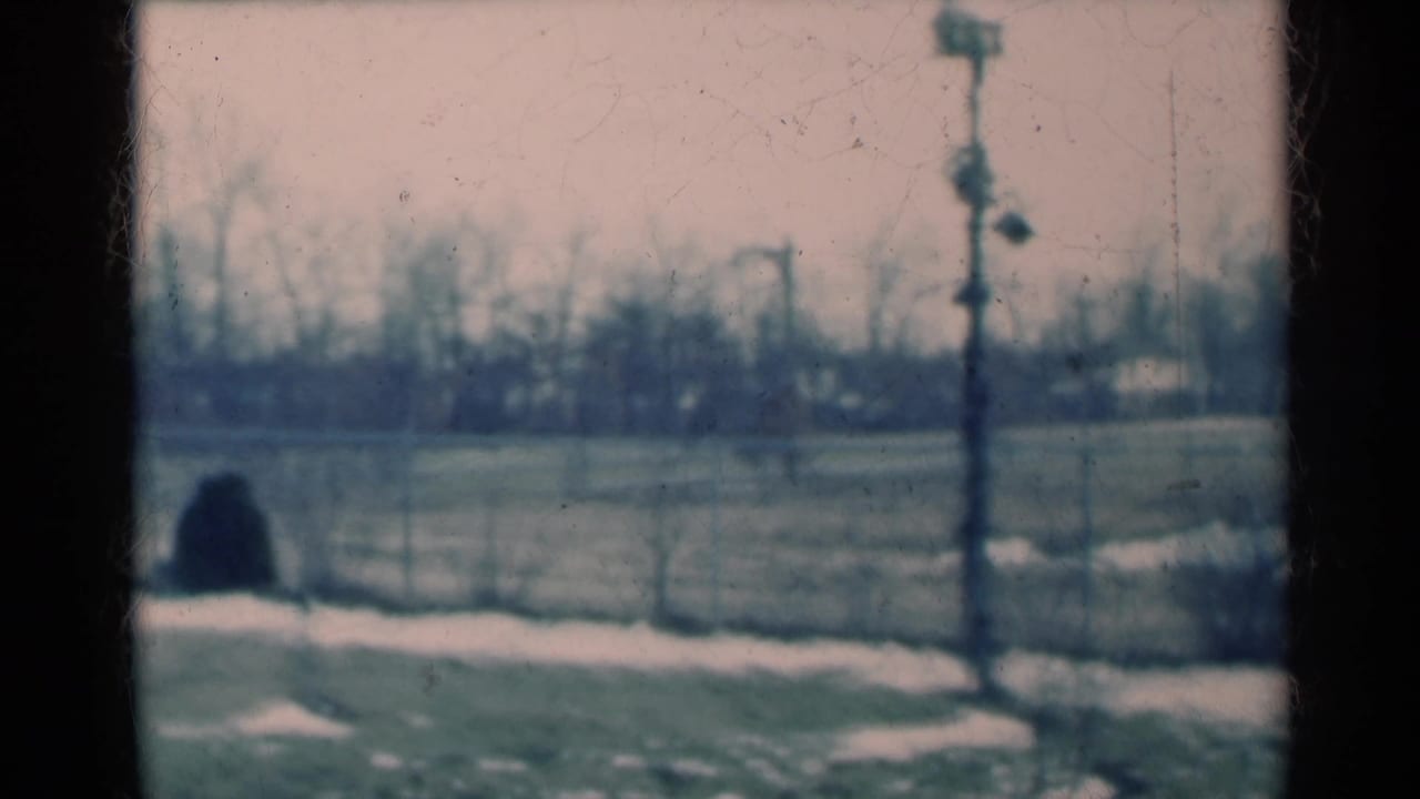 1939 Michigan 8mm frame looking from inside a house toward a snow-dusted yard, chain-link fence, bare trees and a utility pole.