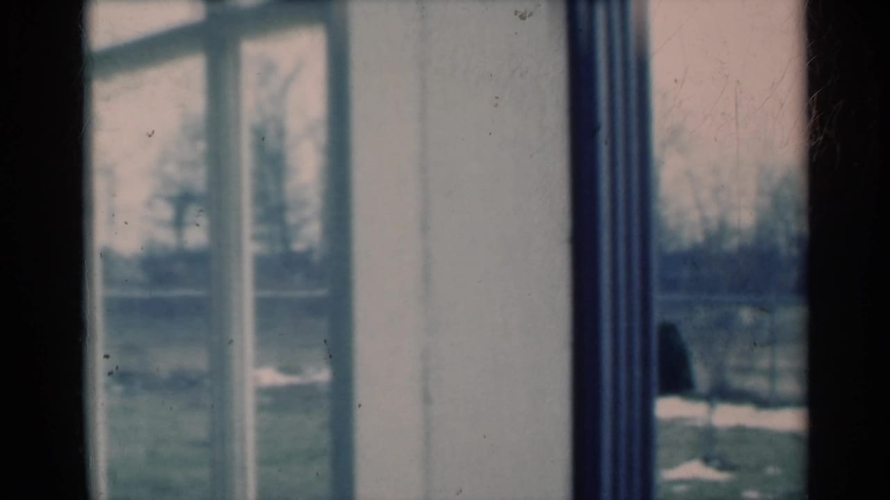 1939 Michigan home-movie frame looking past pale interior window surfaces to a winter yard, fence line, bare trees and snow patches.