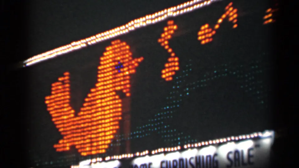 1949 New Orleans nighttime frame with orange dot-light graphics, musical notes, and a readable Spring Home Furnishing Sale sign.