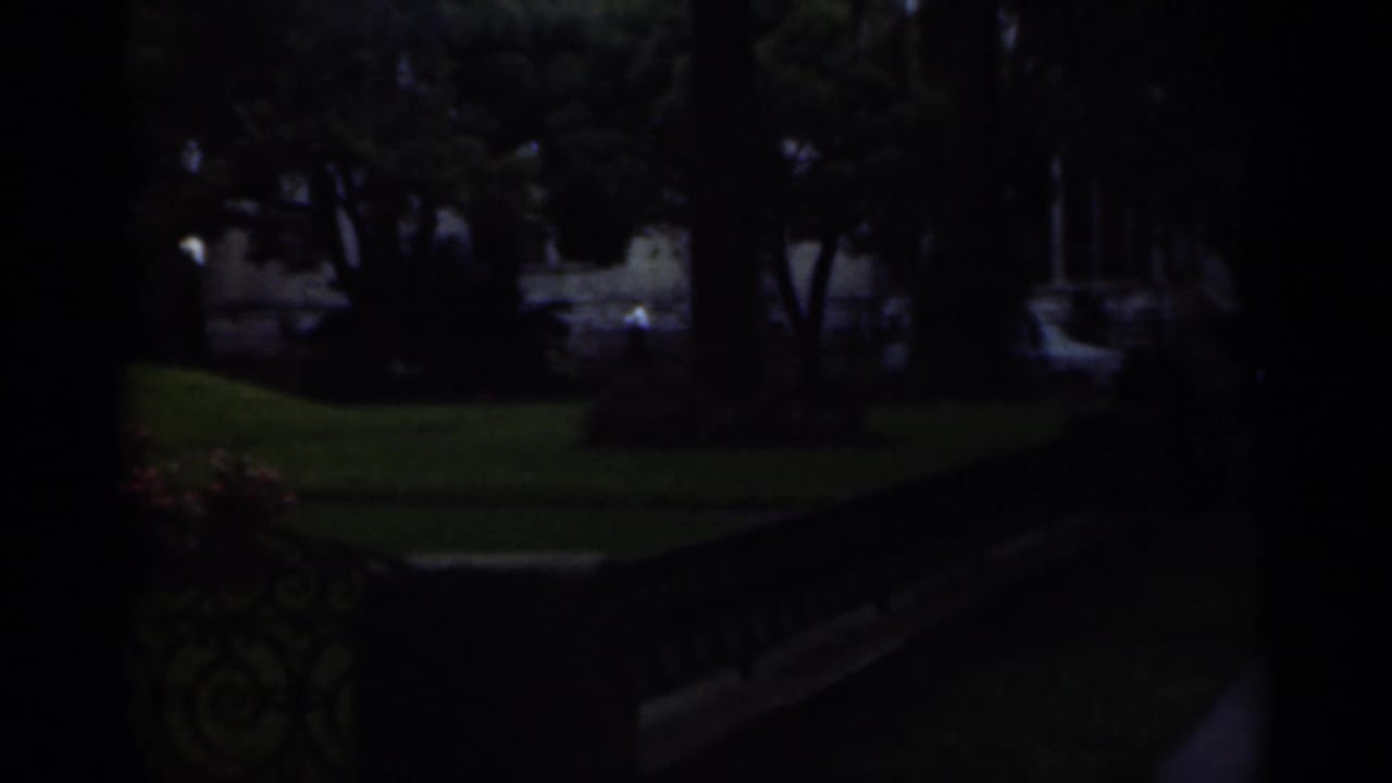 Dark park view with trees, lawn, flowers, and iron railing partly visible.