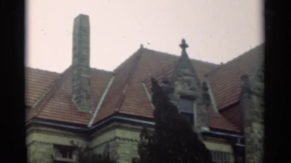 1949 New Orleans frame showing a tall chimney rising above red roof tiles, with a stone gable and dark evergreen branches below.
