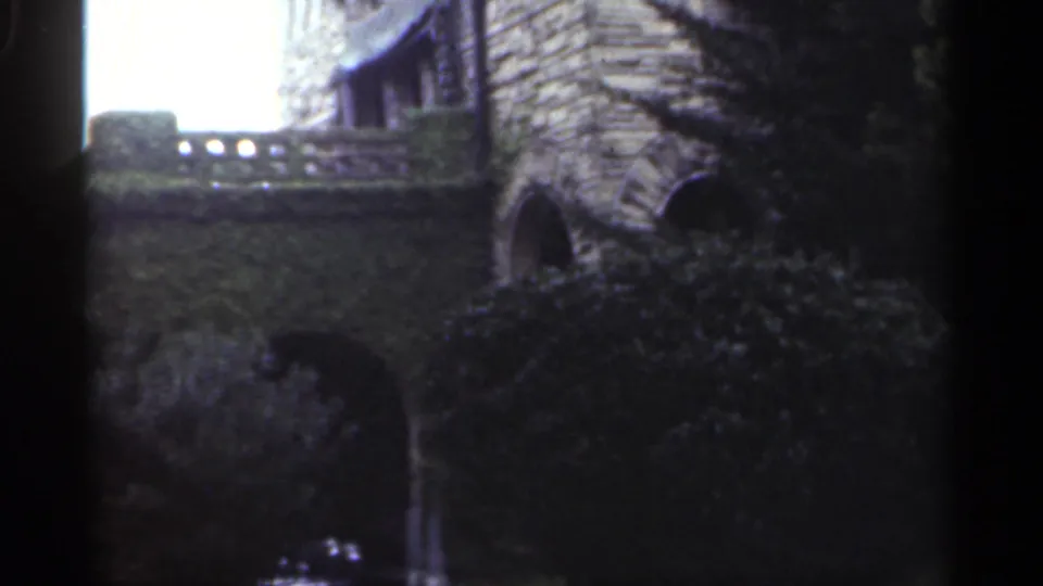 1949 New Orleans home-movie view of an ivy-covered masonry wall, arched opening, balustrade, and surrounding garden shrubs.