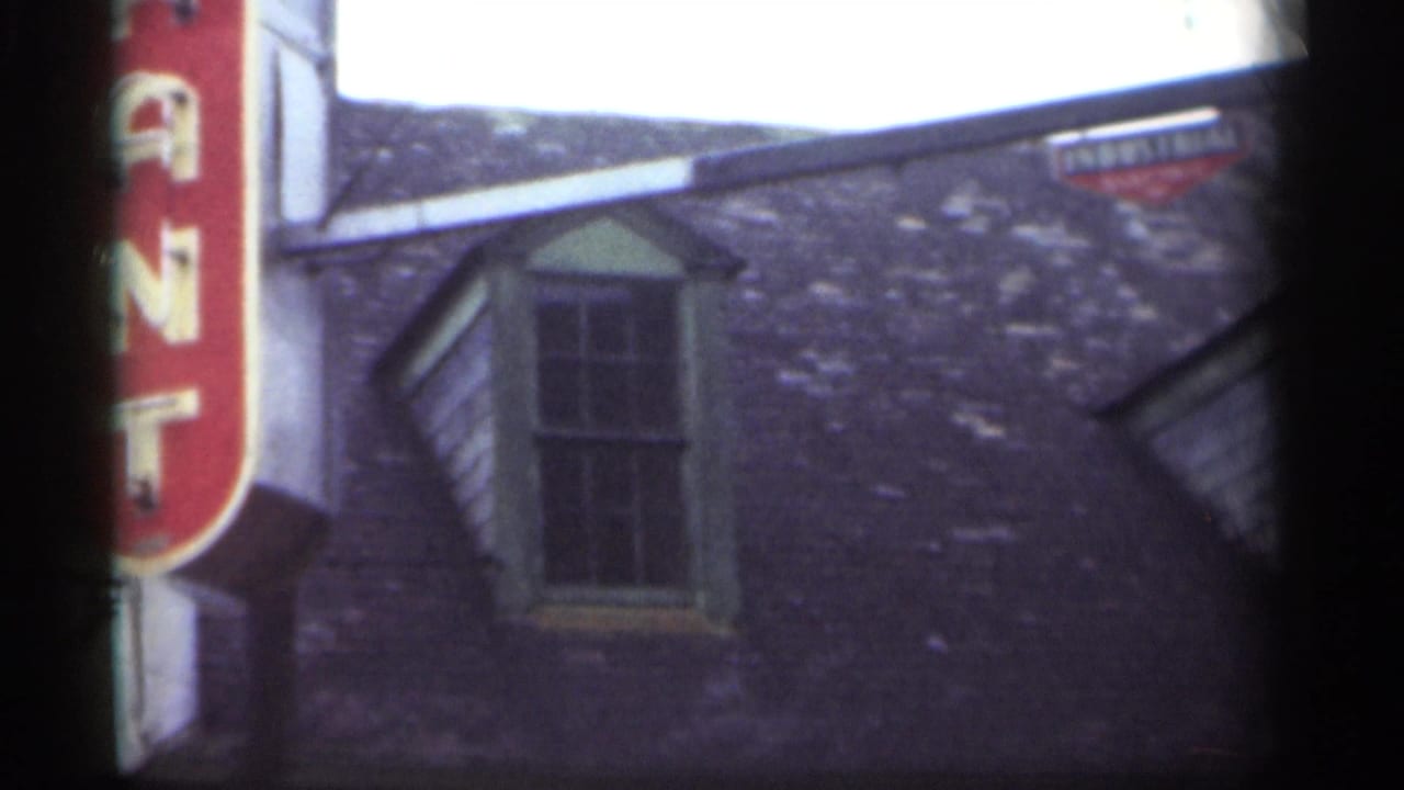 Roofline with dormer window, partial red vertical sign, and small red sign above the shingles.