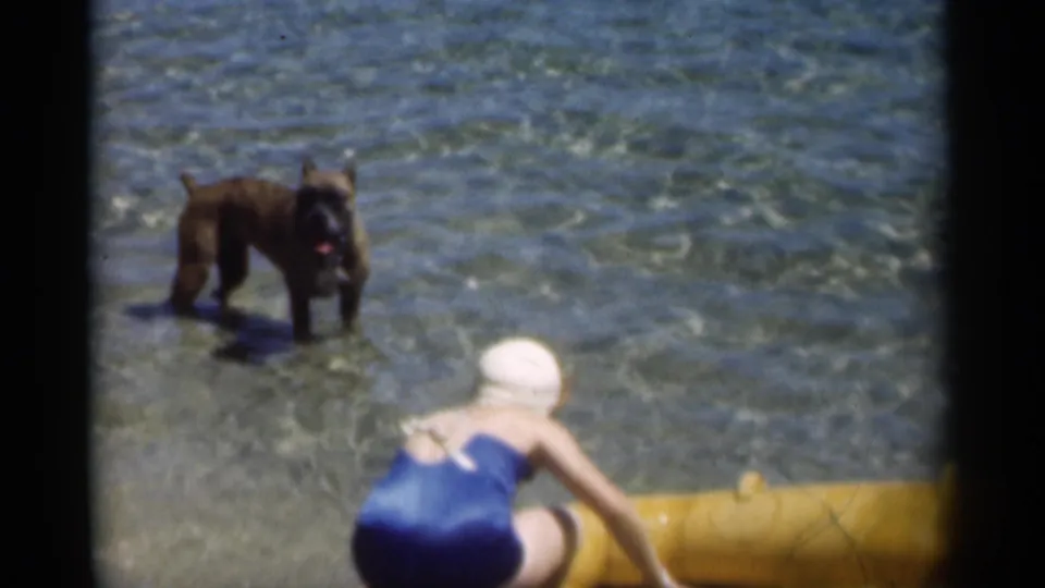 1949 New Orleans-area home-movie frame showing a brown dog in the surf and a woman leaning over a yellow inflatable boat.