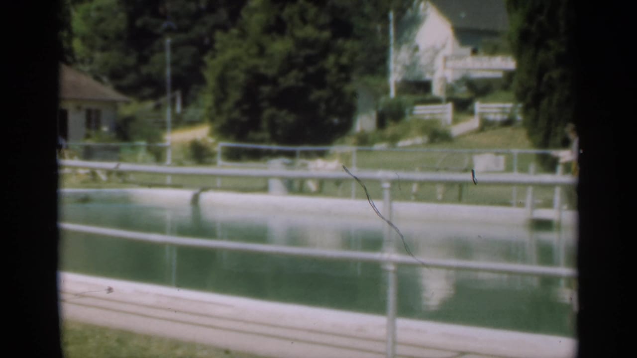 Pond edge and railing with a distant figure near trees and houses.