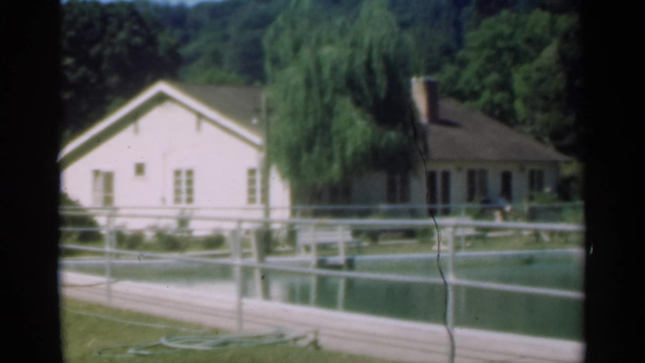Farmhouse and willow beside a calm pond with railings in front.