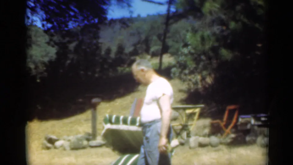 The man stands near the striped chair and faces the camera, with a sunlit lawn, trees, and outdoor seating in the background.