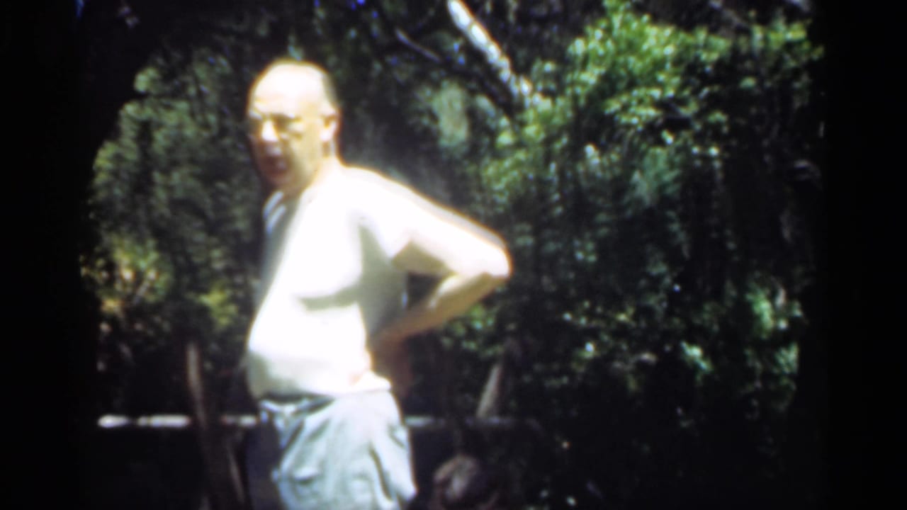 Bald man in a white shirt standing in a wooded area with one hand on his hip.