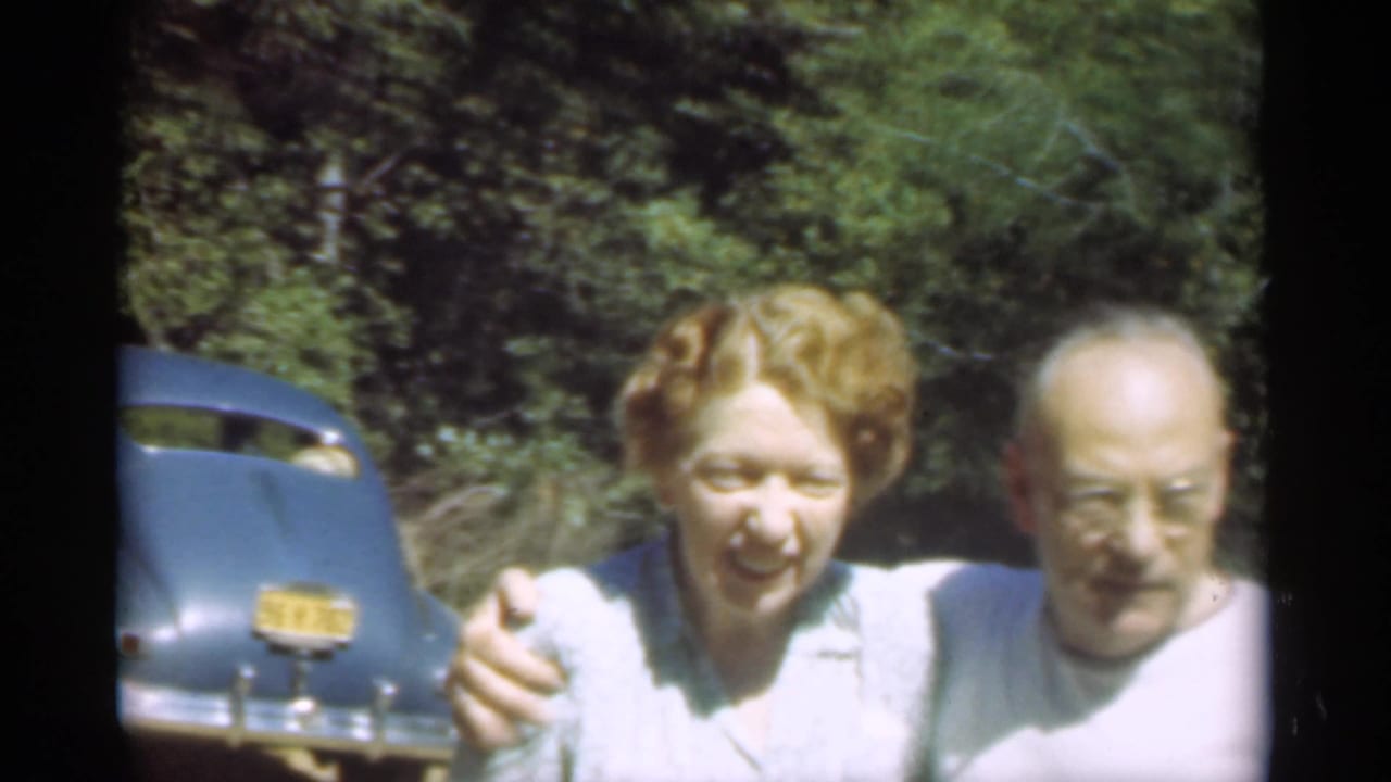 Older couple standing close outdoors beside a blue car with trees behind them.
