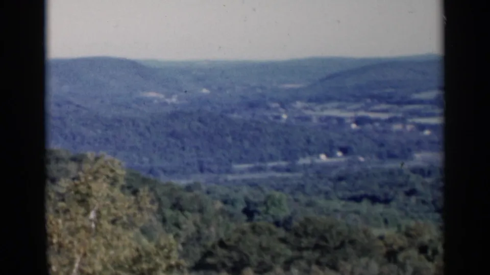 Lake George 8mm overlook with a brushy foreground edge, wooded hills, and distant rural fields under a pale sky.