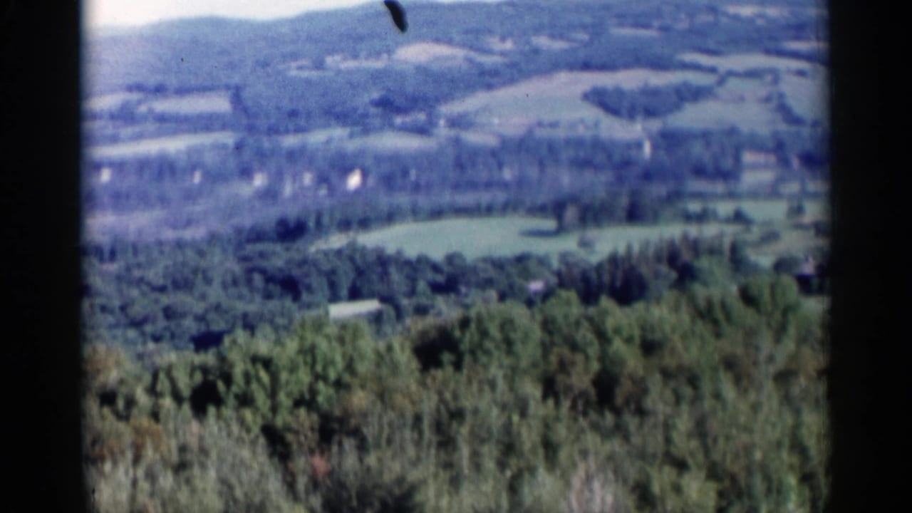 1955 Lake George area home-movie frame showing green treetops, rolling hills, fields, and distant ridges in soft color 8mm.