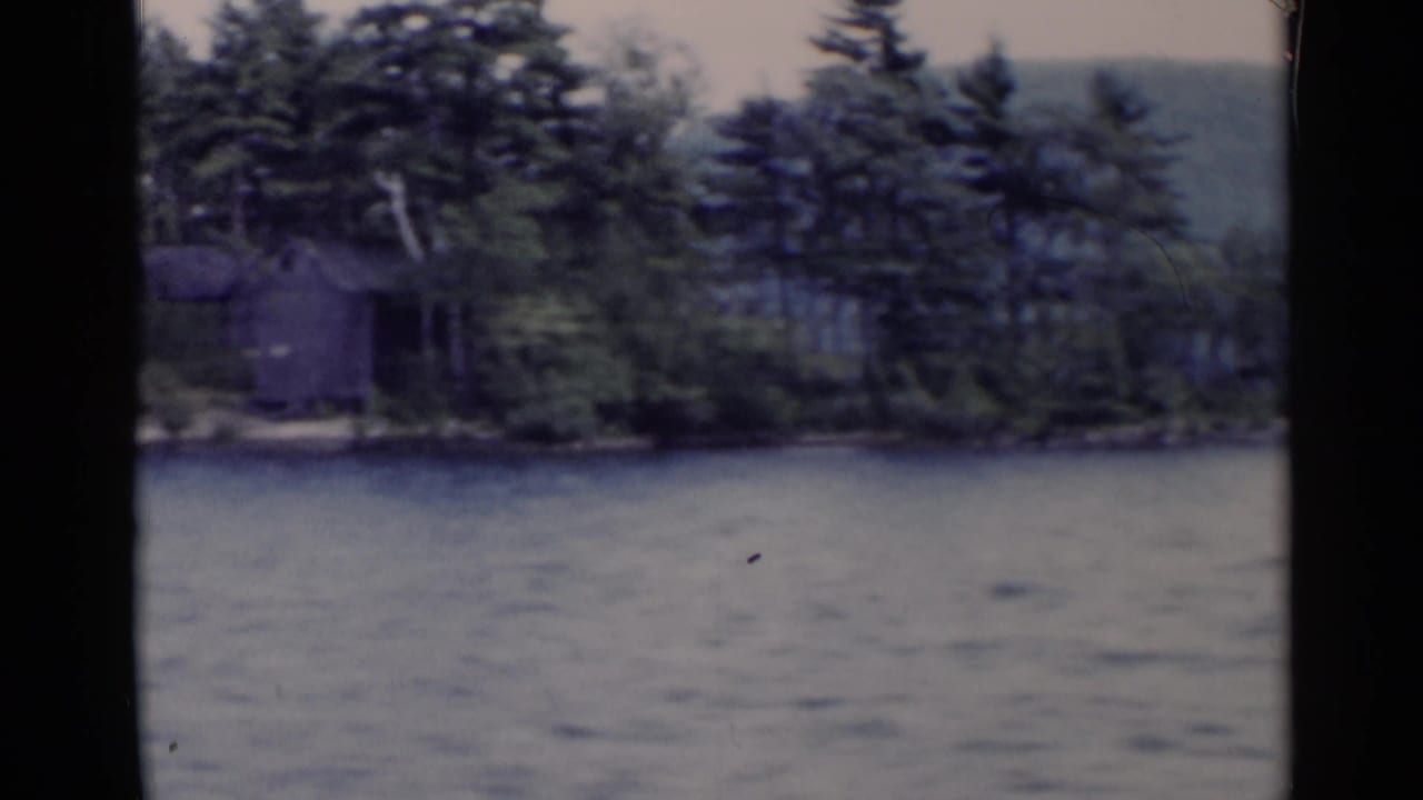 1955 Lake George shoreline view with rippled water, dense trees, and a small cabin set back near the left side of the frame.