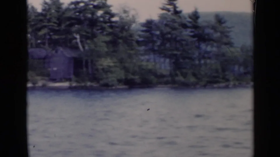 1955 Lake George shoreline view with rippled water, dense trees, and a small cabin set back near the left side of the frame.