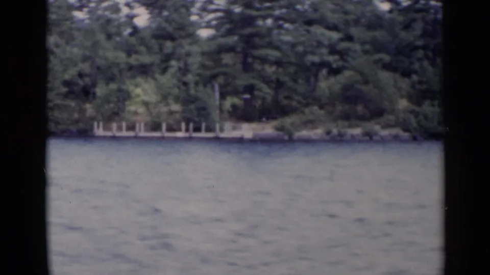 Lake George shoreline in 1955 with rippled water, dense pines and hardwoods, and short pier sections along the bank.