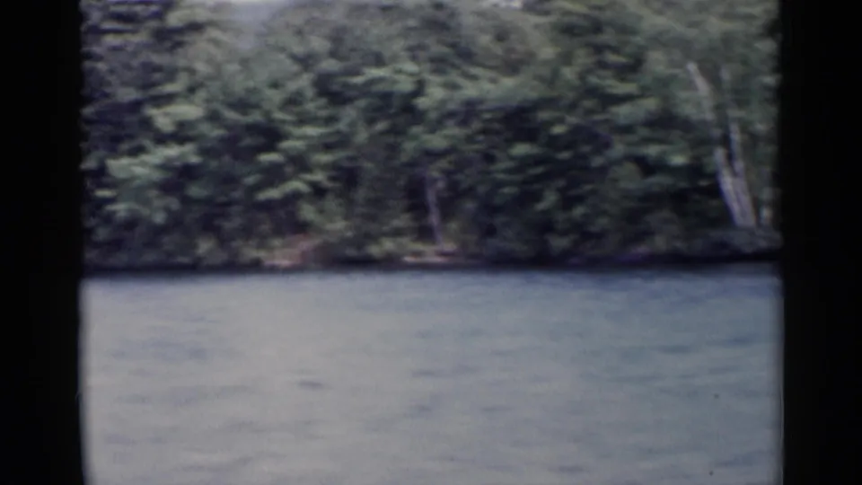 Soft 8mm view of Lake George water and dense shoreline trees, with the canoe no longer clear in frame.