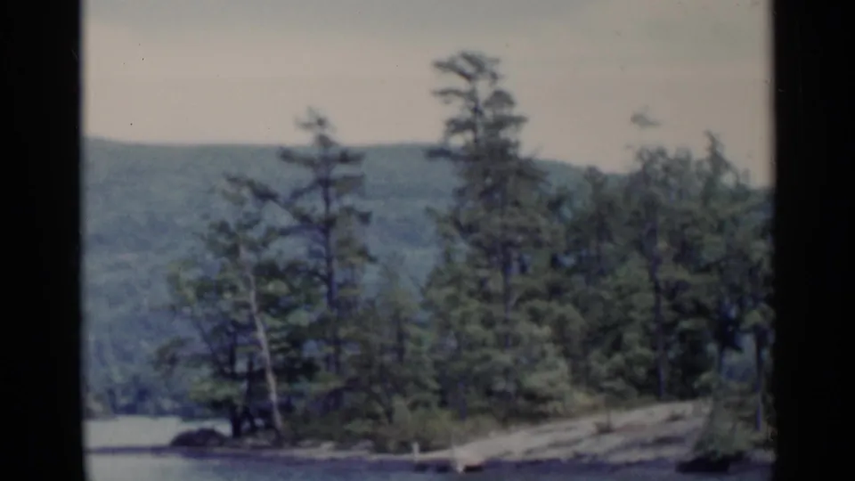 Soft 8mm Lake George view across shoreline trees toward a hazy wooded hillside under a pale sky.