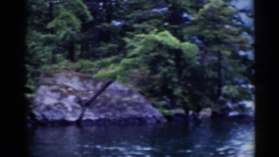 Lake George shoreline in 1955 home-movie footage, with trees, rocks, and calm water seen through soft 8mm framing.