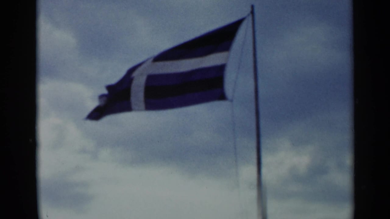 Blue-and-white striped flag blowing on a pole against a cloudy sky.
