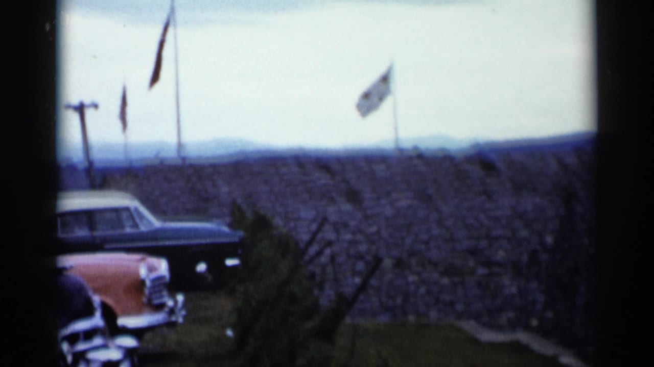 Parked mid-century cars beside a stone wall with flags above the overlook.