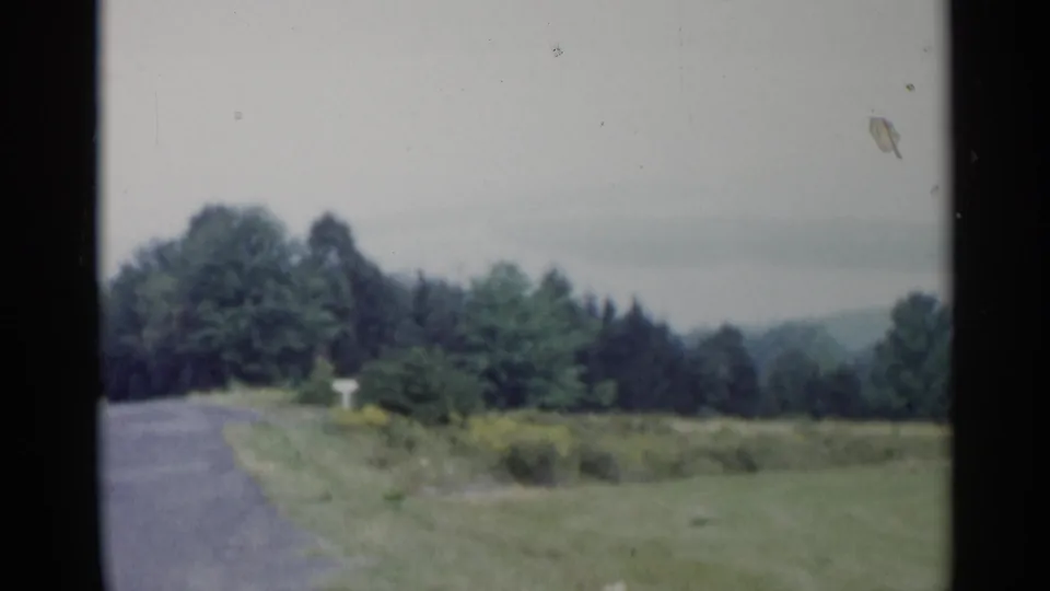1955 Lake George home-movie view of a quiet rural road, open grass, treeline, and distant hazy hills.