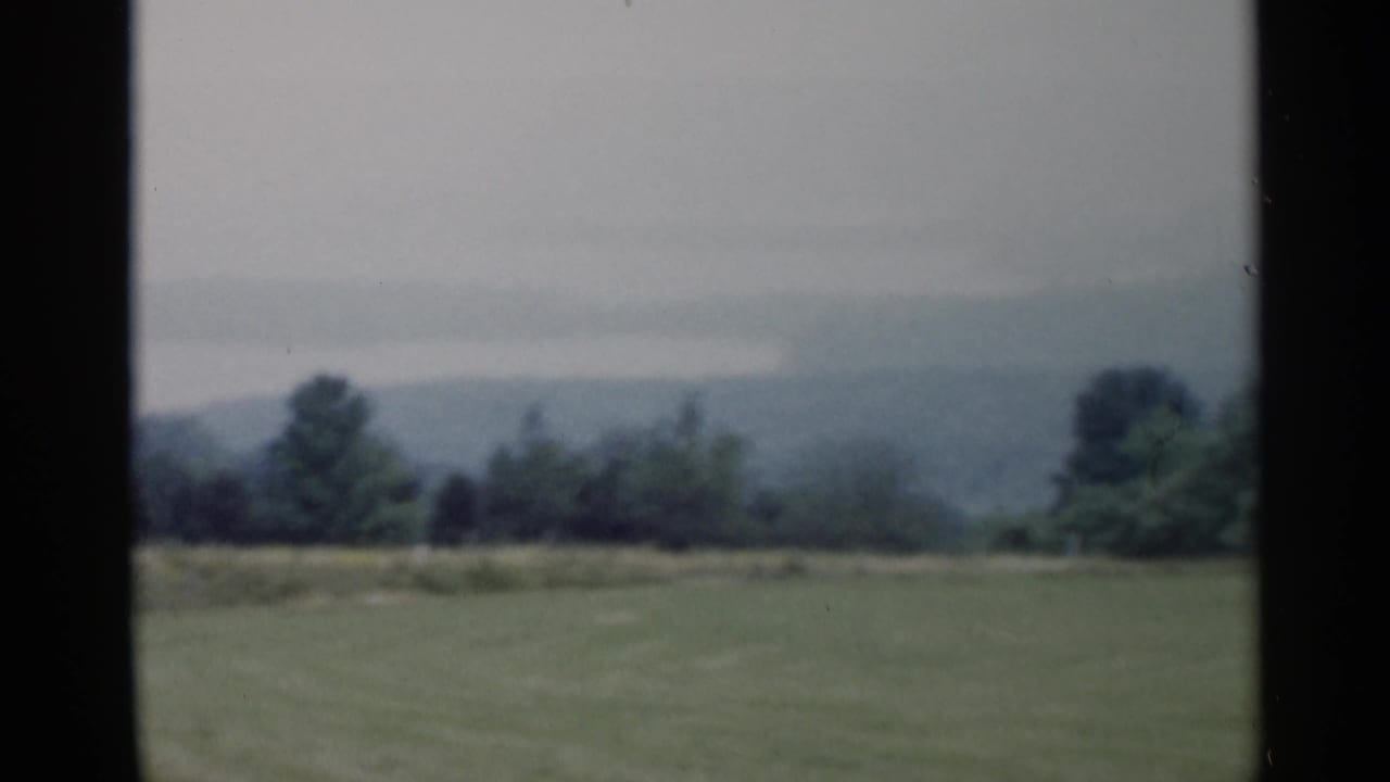 Soft rural field with distant trees and hazy hills under an overcast sky.