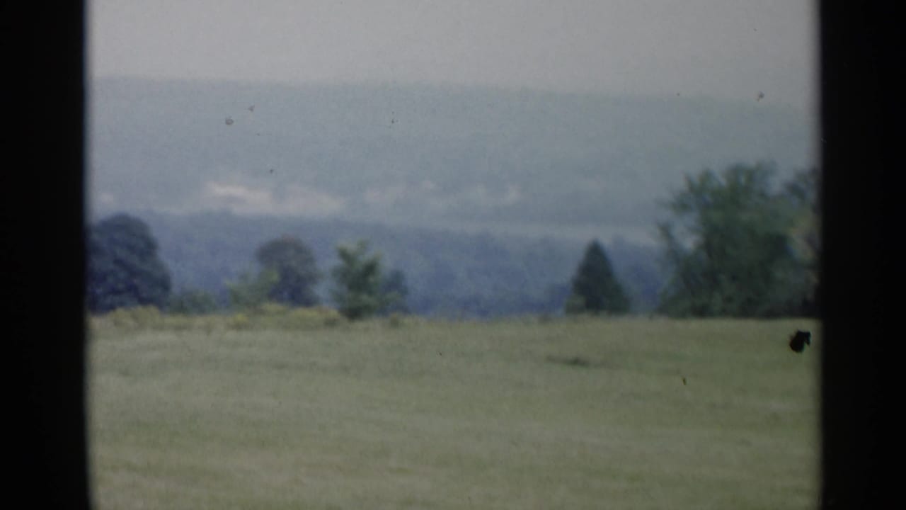 1955 Lake George home-movie frame showing an open grassy field, tree line, and distant hazy hills beneath an overcast sky.
