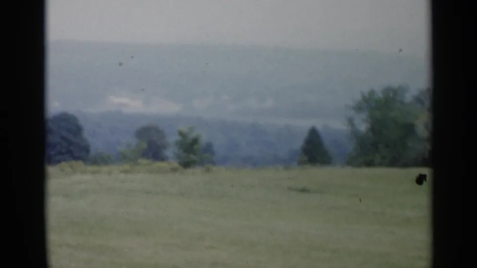 1955 Lake George home-movie frame showing an open grassy field, tree line, and distant hazy hills beneath an overcast sky.