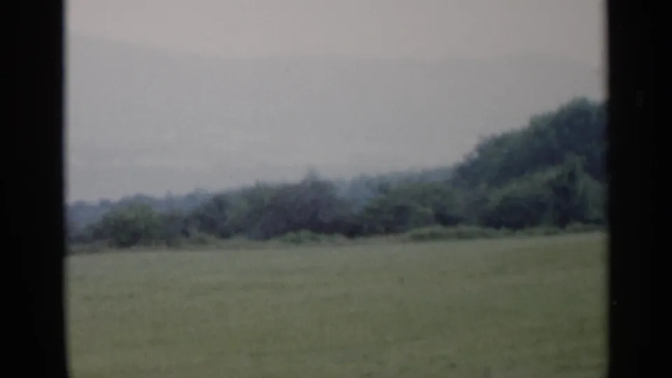 1955 Lake George view of a green field and wooded horizon, framed by dark vertical film or window edges.
