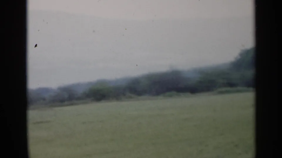 1955 Lake George frame showing a soft, slightly blurred sweep of field, trees, and distant hills.