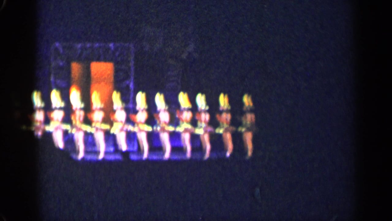Dancers in bright accents stand in a horizontal line on a dark stage.