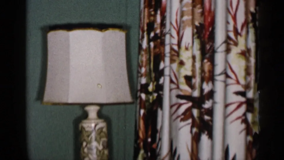 1955 New York City interior detail showing a ceramic lamp with a white shade near bold floral curtains and a teal wall.