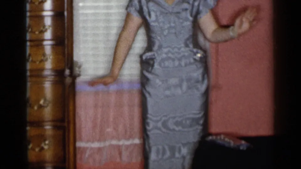 The woman turns away from the camera, showing the back of the silver-gray patterned gown in the same domestic interior.