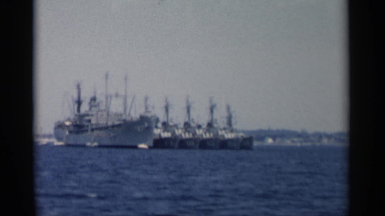 Large ship and smaller vessels seen across the water.