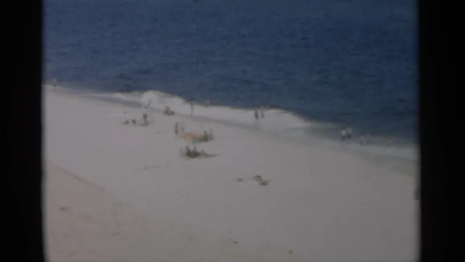 Wide 1956 Cape Cod shoreline view showing scattered beachgoers on pale sand beside blue ocean waves.