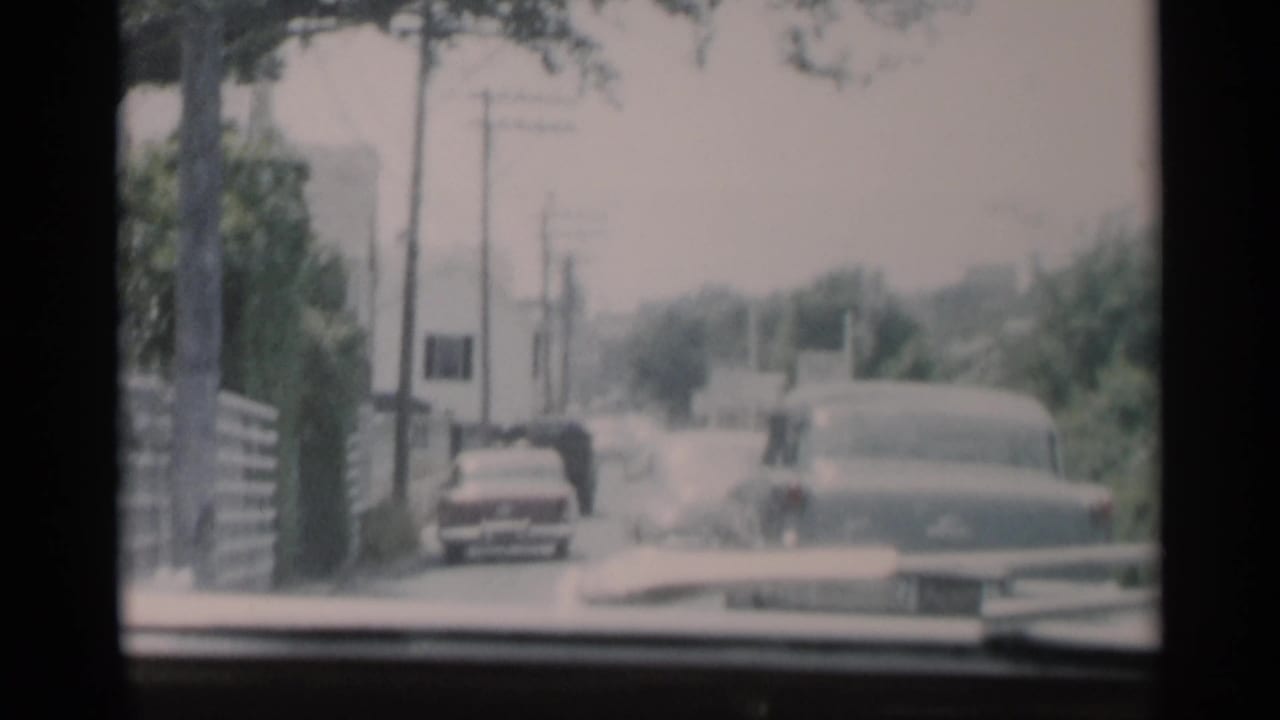 Cape Cod road view from a moving car, with mid-century vehicles, roadside trees, signs, and utility poles.