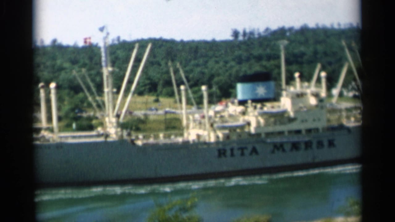 Side view of Rita Mærsk cargo ship with cranes and shoreline behind it.