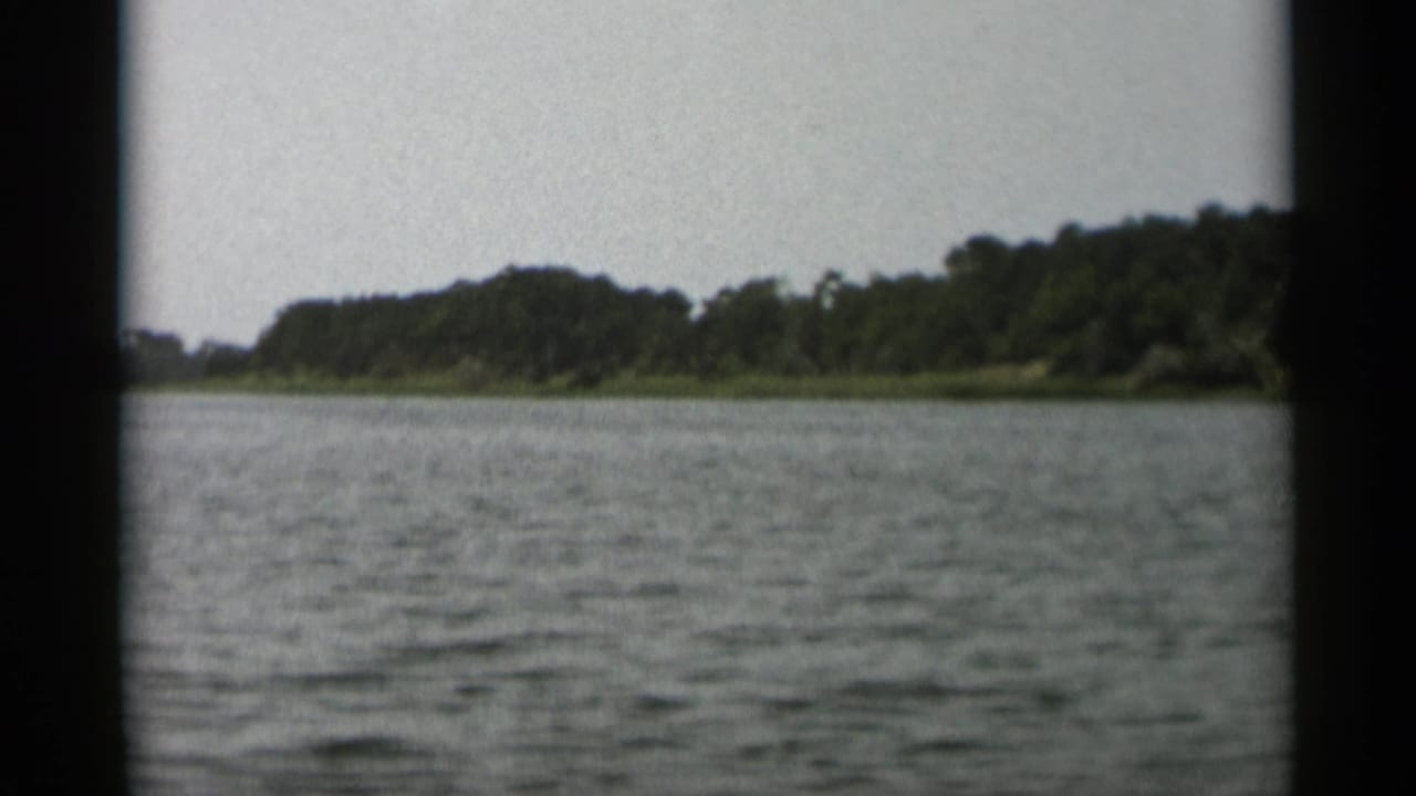 1956 Cape Cod home-movie frame showing calm water and a tree-lined shore viewed from a moving boat.