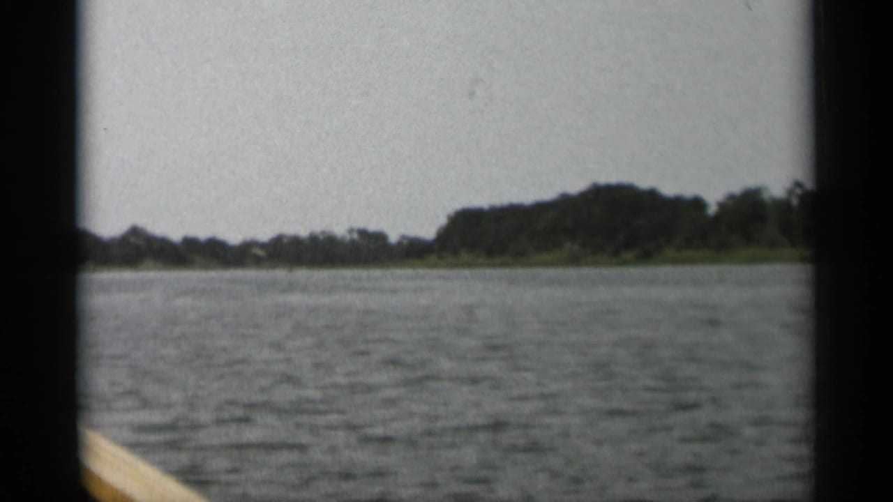 Boat-level 1956 Cape Cod view across rippled water toward low wooded land and a pale rail in the foreground.
