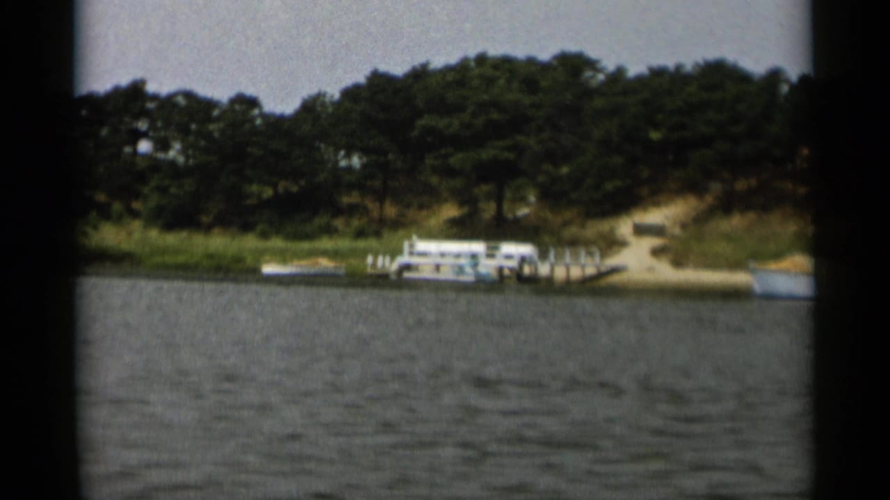 Cape Cod shoreline seen from a moving boat, with white boats by a dock, sandy paths through trees, and choppy water in front.