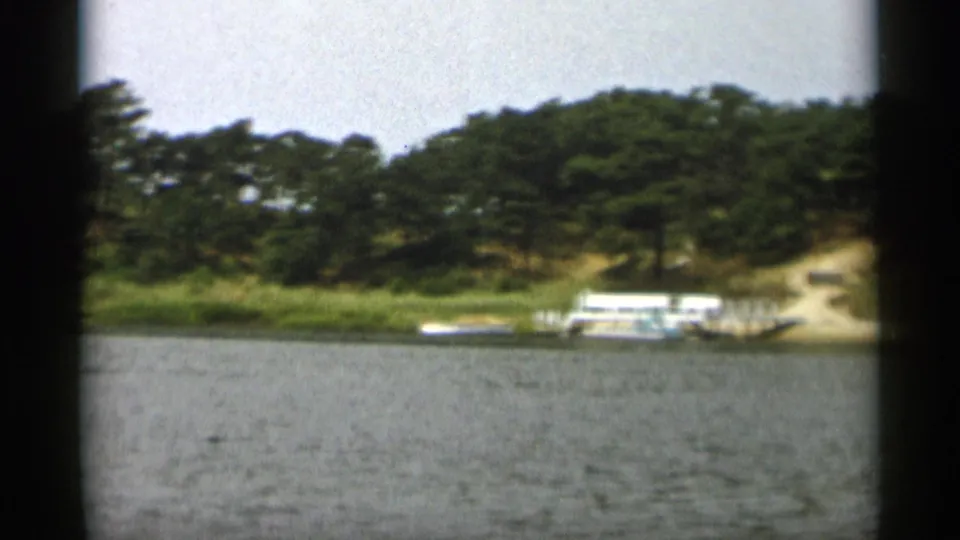 Cape Cod boating view from 1956, looking toward a small waterfront landing with white boats, dock posts, trees, and sandy paths.