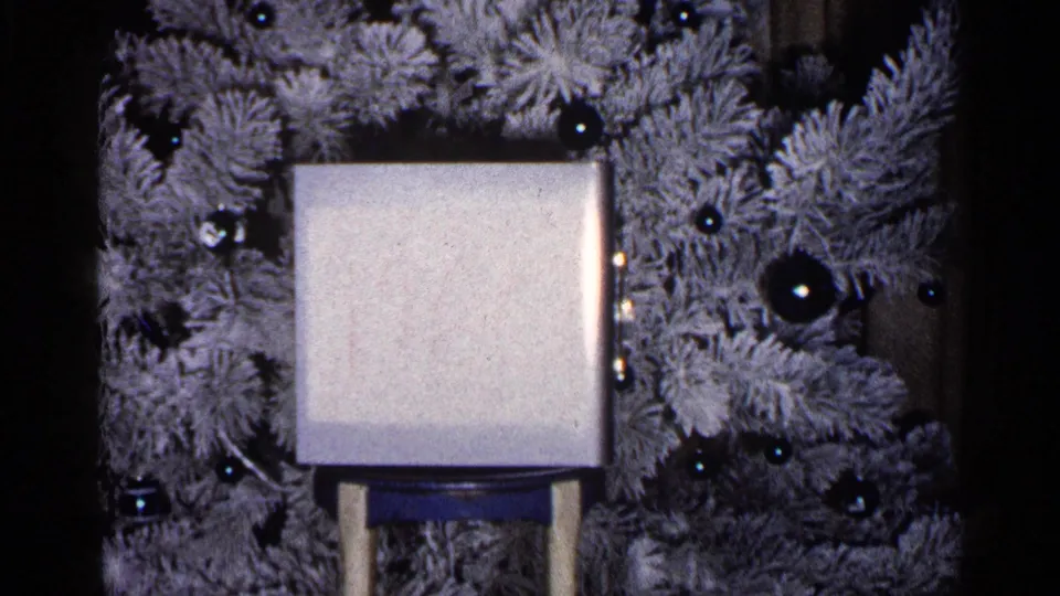 The camera holds on the white gift box and flocked Christmas tree, emphasizing the holiday object in the 1960 home interior.