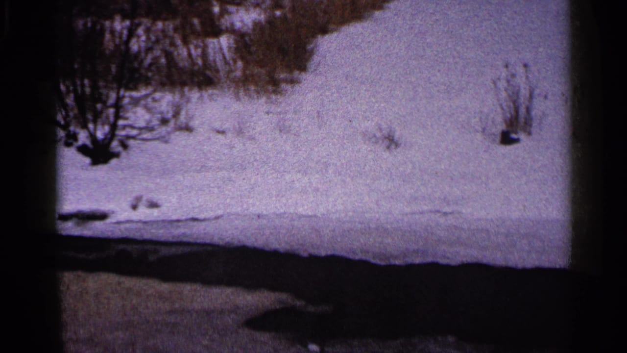 1960 Duluth-area 8mm frame of a snowy river or stream bank, with leafless brush and dark open water at the lower edge.